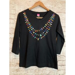 LAT Top Womens Medium Black Wild Animal Printed Trim Grand Canyon Cotton Stretch